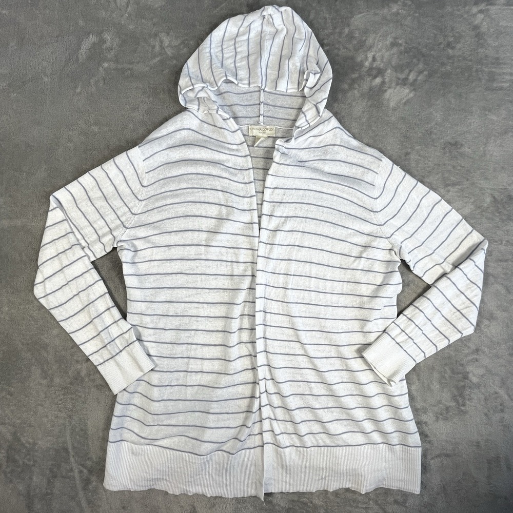 Cynthia Rowley Linen Blend Hooded Open Front Cardigan Size 1X White/Blue Stripe
